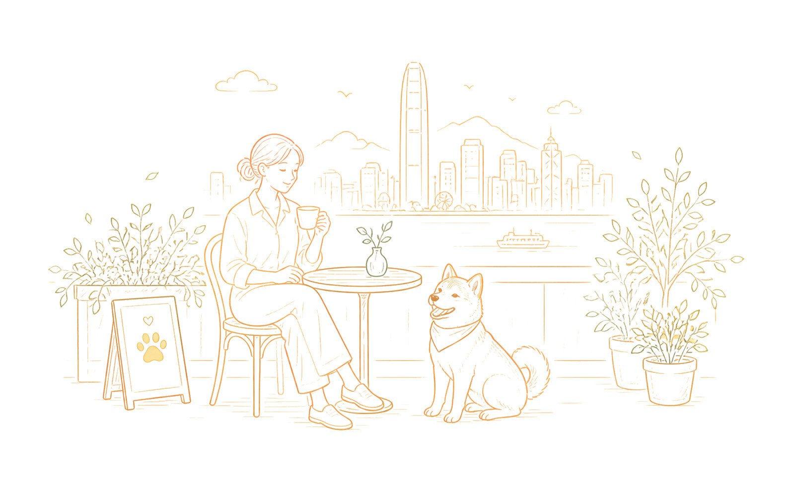 主人和狗狗在香港宠物友善露台的线稿插画